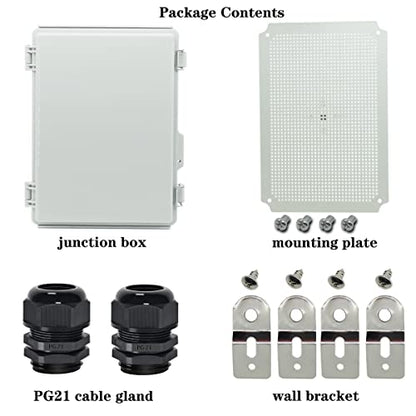 Zulkit Junction Box,IP67 Waterproof Electrical Box Hinged Cover Stainless Steel Buckle Plastic Enclosure for Project w Mounting Plate Wall Bracket and 2 Cable Gland Grey 13.8"x9.8"x5.9"/350x250x150mm - color: Grey Cover, size: 13.8"x9.8"x5.9"