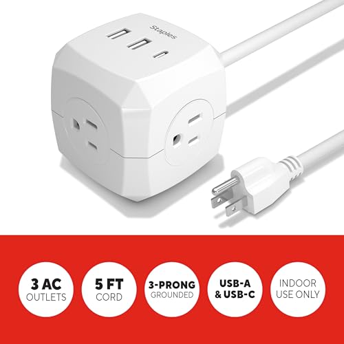 Staples TECH 3‑Outlet Extension Cord – 5 ft. 14‑AWG Indoor Power Cable for Home, Office & Workspace, White