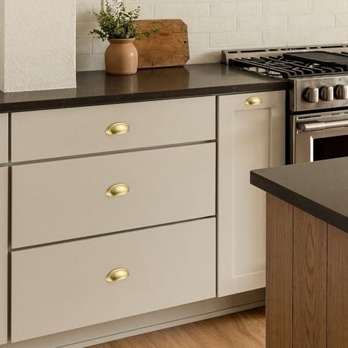 Ravinte 5 Pack 3" Drawer Pulls Brushed Brass Cabinet Cup Pulls Kitchen Hardware Cabinet Handles Drawer Handles Knobs 3 inch Hole Center - color: Brushed Brass