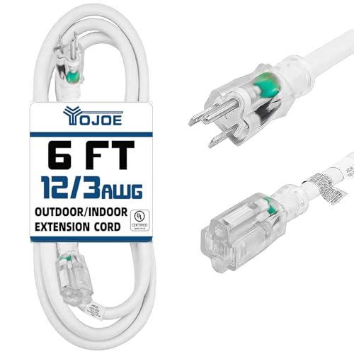 YOJOE Indoor Outdoor Extension Cord with Lighted End, 3 Prong 15A Weatherproof Power Cord, 12 Gauge Heavy Duty 6 ft White Extension Cord for Garage, Garden and Home, 12/3 SJTW UL Listed - color: White, size: 6 Foot, style: 12/3 Lighted-End