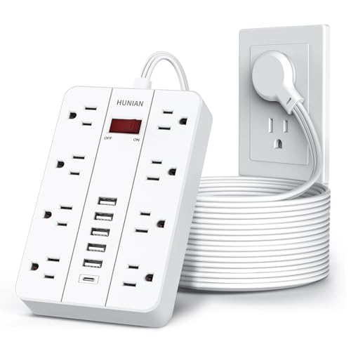 Extension Cord Power Strip Surge Protector 15 Ft, HUNIAN Flat Plug with 8 Widely Spaced Outlets 6 USB (1 USB C Port), Wall Mount Charging Station for Home and Office - color: White, size: 15FT