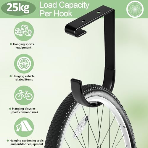 4 Pack Bike Hooks for Garage, Bike Hanging Hooks 55lbs Heavy Duty Ceiling Mount Hooks for Secure Bike Storage in Garage with Anti Slip Rubber Coating Black