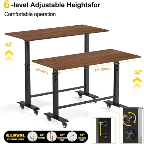 47" Adjustable Height Workbench(32-42''),Heavy Duty Work Bench with Switchable Wheels and Feet Mat,Portable Workbench Suitable for Workshop,Office,Garage