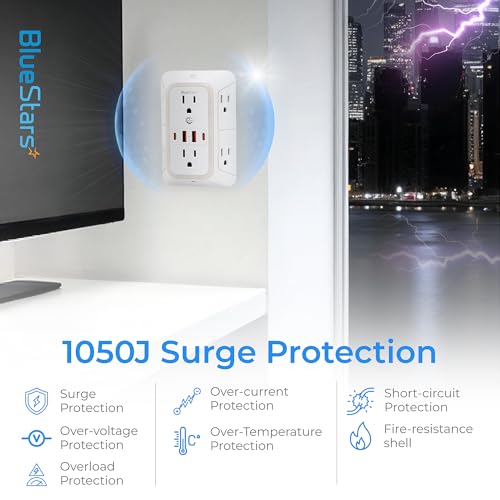 Wall Mount Power Strips Wall Charger 6 Outlet Extender 4 USB Ports (5V, 2.4A, 12W) and Night Light 3-Sided Power Strip with Adapter Spaced Outlets - Multi Plug Outlet Surge Protector for Home Office