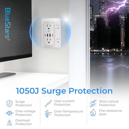 Wall Mount Power Strips Wall Charger 6 Outlet Extender 4 USB Ports (5V, 2.4A, 12W) and Night Light 3-Sided Power Strip with Adapter Spaced Outlets - Multi Plug Outlet Surge Protector for Home Office