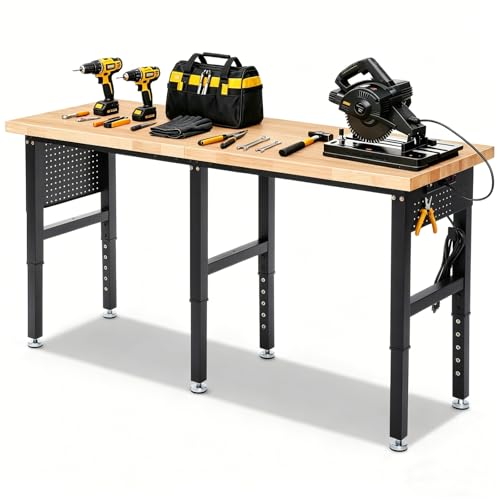 ENJOYWOOD 72" x 24" Heavy Duty Workbench Adjustable Height Garage Work Table with Solid Rubberwood Top, Extended Pegboards & Power Outlets for Workshop, Home & Office - size: 72 Inch
