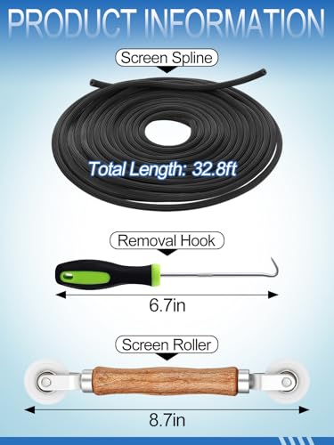 Screen Repair Kit - 3 in 1 Screen Tools Including Roller, 0.12in x 32.8ft Spline, Removal Hook for Replacing & Installing Door Window Screens - size: 0.12in x 32.8ft