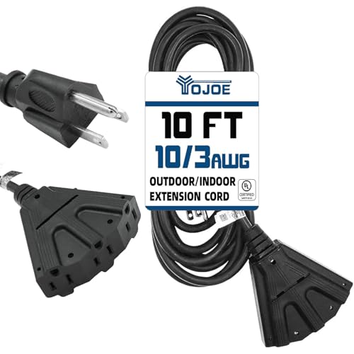 YOJOE 3-Outlets Indoor Outdoor Extension Cord, 3 Prong 15A Weatherproof Power Cord Multiple Outlets, 10 Gauge Heavy Duty 10 ft Black Extension Cord for Garage, Garden, 10/3 SJTW UL Listed - color: Black, size: 10 Foot, style: 3-Outlets