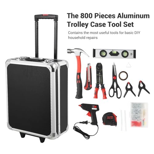 GraveeTech 800pcs Aluminum Trolley Case Tool Set Home Repair Tool Set, General Household Tool Kit w Rolling Tool Box, Toolbox Storage Case w 4 Drawers for Maintenance, Perfect for Homeowner, Handyman