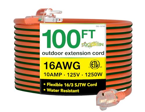 Go Green Power Inc. 16/3 100ft Outdoor Extension Cord - Heavy Duty, Lighted End, Contractor Grade SJTW Cable - Moisture & Abrasion Resistant - GG-13700 - color: Orange, size: 100 ft, style: 16/3