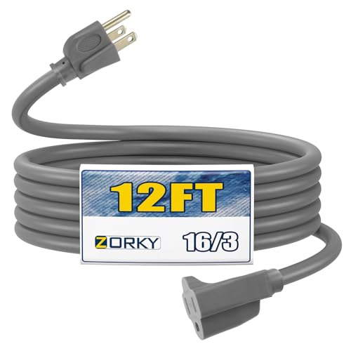 12ft Outdoor Extension Cord for Christmas Decorations - 16/3 Heavy Duty SJTW Waterproof Gray Electrical Cable with 3 Prong Grounded Plug for Safety, Great for Lawn and Major Appliances - color: Gray, size: 12ft
