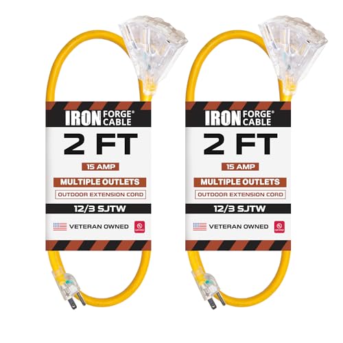 Iron Forge Cable 2 Pack 2 Foot Lighted Outdoor Extension Cord with 3 Outlets - 12/3 SJTW Heavy Duty Yellow Extension Cable 3 Prong - Multiple Outlets - size: 2 Foot, style: 2 Pack