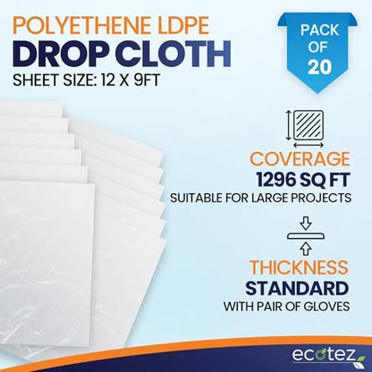 20 Pack 12 x 9 ft Extra Large Plastic Drop Cloth for Painting - Light & Durable Tarp Cover for Furniture - Plastic Clear Tarp Waterproof - Paint Floor Covering - Painters Drop Cloth Sheeting - size: 20 Pack