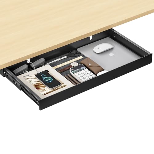 Under Desk Drawer,20.1 inch Carbon Steel Slide-Out Under Table Storage Organizer With Full Extension Ball-Bearing Slides,Undermount Drawer For Standing Desk & Home Office,Black - color: Black, size: 20.1"