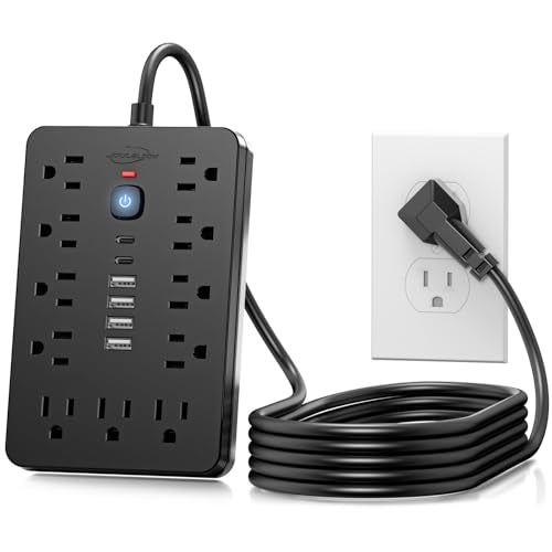 JouleLoom 6 FT Flat Plug Surge Protector Power Strip,11 Multiple AC Outlets with 6 USB Ports (2 USB C), 6 Feet Extension Cord, 1250W/10A, One Touch Switch Button, 17 in 1 Compact powerstrip - color: Black, size: 6 Ft