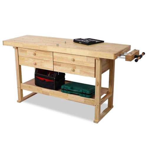 60" Rubber Wood Workbench, Heavy Duty Work Bench with Drawer & Shelf, Work Bench Table for Garage, Workshop, Home Storage, Woodworking Bench, 330 lbs Weight Capacity (60") - size: 60"