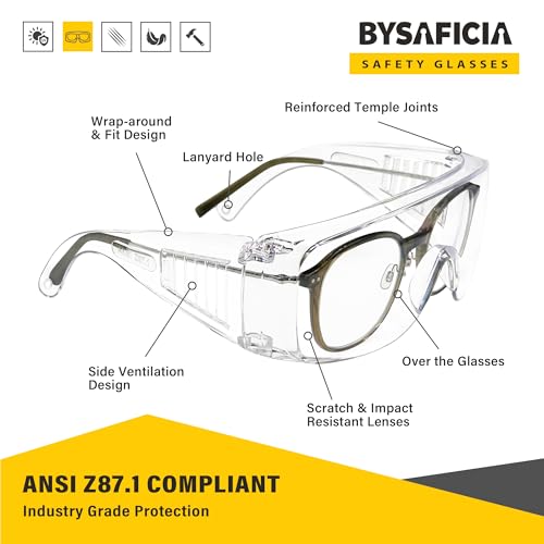 6 Pack Clear Safety Glasses Over Eyeglasses, ANSI Z87.1 Impact Resistant Polycarbonate Lens, Safety Goggles Over Glasses, Protective Eyewear for Lab, Construction, Outdoor Work