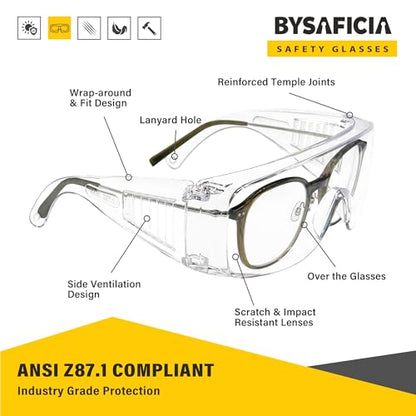 6 Pack Clear Safety Glasses Over Eyeglasses, ANSI Z87.1 Impact Resistant Polycarbonate Lens, Safety Goggles Over Glasses, Protective Eyewear for Lab, Construction, Outdoor Work