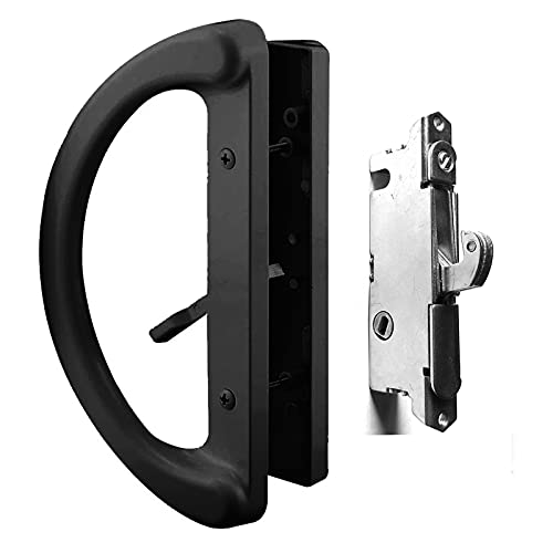 Patio Sliding Glass Door Handle Set with 45° Mortise Lock Suitable for Sliding Glass Patio Door Thickness from 1-1/2" to 1-3/4", Fits 3-15/16” Screw Hole Spacing, Reversible Design(Non-Handed), Black - color: Black