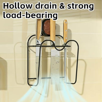 Wall Mounted Knife & Cutting Board Holder – No Drill Vacuum Suction Organizer with Slots for Knives, Cleavers & Kitchen Tools | Space-Saving Wall/Under-Cabinet Iron Rack