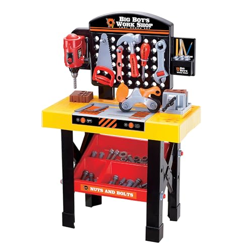 World Tech Toys Big Boys Work Shop 54 Piece Tool Bench Playset – Kids Construction Workbench with Toy Drill, Vise, Nuts & Bolts Builder Set - Kids 3+