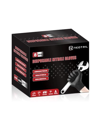 NEOTRIL 8 Mil Heavy Duty Disposable Nitrile Gloves with Diamond Texture Grip Rubber Gloves Latex & Powder Free - color: Box of 200 / Black, size: X-Large