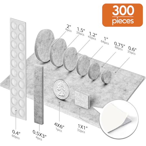 Furniture Pads 300 Pcs Premium Furniture Felt Pads (Grey), Huge Quantity Self Adhesive Felt Furniture Pads, Anti Scratch Floor Protector for Furniture Legs Hardwood Floor with 60 Cabinet Door Bumpers - size: Grey