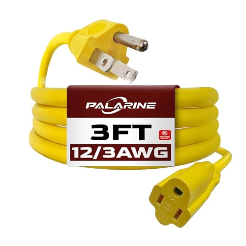 3ft Yellow Extension Cord Waterproof, UL Listed, 12/3 SJTW Heavy Duty 3 Prong, 12 Gauge 15A Power Cord Ideal for Lights, Appliances, and Lawn - color: Yellow, size: 3 FT, style: 12/3
