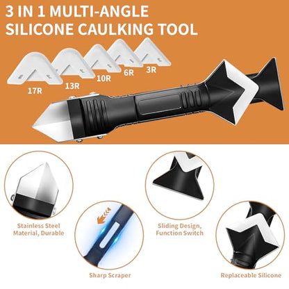 23-Piece Caulking Tool Kit – 3-in-1 Silicone Caulk Remover, Grout Scraper, Reusable Silicone Pads for Bathroom, Kitchen, Windows, Sink Joints & Frames