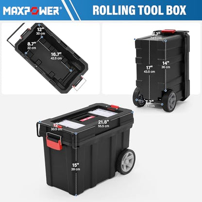 MAXPOWER Rolling Tool Box with Wheel, 8 Gallon Storage Capacity Deep Tool Box, Lockable Latches, Removable Tray, Black Toolbox - style: 8-gallon Rolling tool box