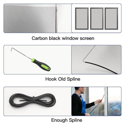 Window Screen Door Repair Kit Include Window Screens Mesh 48"x118" with All Tools in Window Screen Replacement(2pcs Screen Rollers, Screen splines, Hook, Utility Knife and Ruler), Yolovit - size: 48"x118"