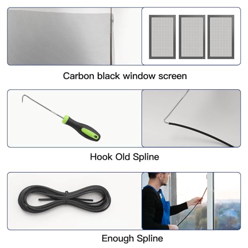 Window Screen Door Repair Kit Include Window Screens Mesh 48"x114" with All Tools in Window Screen Replacement(Screen Rollers, Splines, Hook), Yolovit - size: 48"x114"