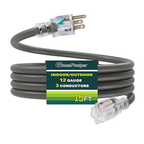 15 FT Grey Extension Cord with Lighted End, 12 AWG 3 Prong Indoor Outdoor Heavy Duty Waterproof Power Cable for Major Appliance, 12/3 SJTW UL Listed - color: Grey, size: 15 FT