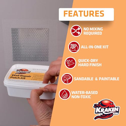 Kraken Bond Drywall Patch Repair Kit - (2x8 fl.oz.) Easy to Use Wall Patch Repair Kit for Drywall Hole & Cracks, Includes Aluminum Self-Adhesive Patch, Grit Sandpaper, Plastic Putty Knife, 2 Pack - size: 2 Pack