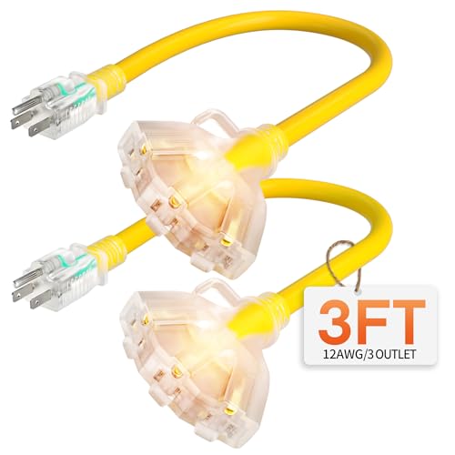 3 ft 12 Gauge Heavy Duty 3 Outlet Extension Cord Splitter with Indicator, Waterproof Outdoor Extension Cord with Multiple Outlets, 15A 1875W for Workshop, ETL Listed, Yellow SJTW, 2 Pack - size: 3FT-2pcs