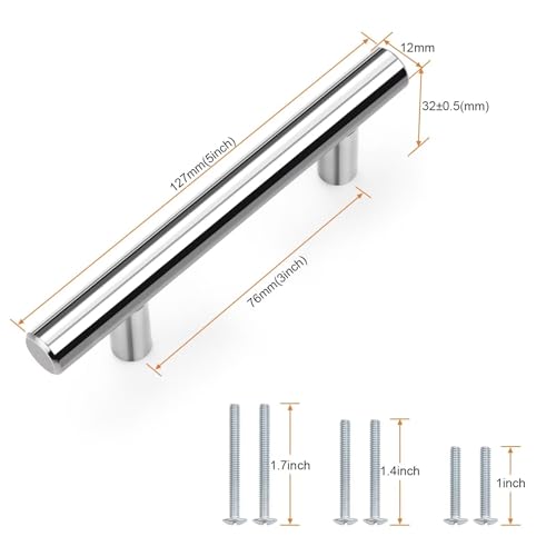 Probrico 5 Pack Hole Centers (76mm) 3inch Polished Chrome Kitchen Cabinet Handles Stainless Steel Polished Chrome Cabinet Pulls Euro Style Pull Handle for Cabinets and Drawers Total Length 5inch - color: Polished Chrome, size: Hole Centers: 3"