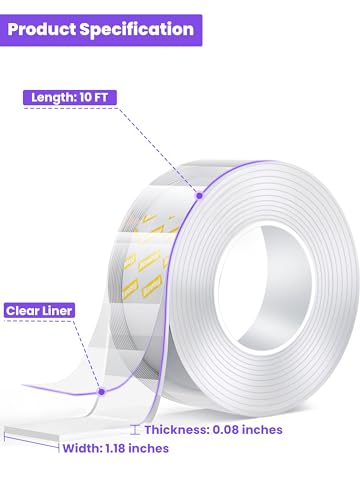 Upgraded Double Sided Tape Heavy Duty,Extra Large Nano Double Sided Adhesive Mounting Tape,Clear & Tough Sticky Poster Wall Tape ,1.18 x 120 In,Multipurpose Tape Picture Hanging Strips for Home Office - size: 1.18 x 120 inch