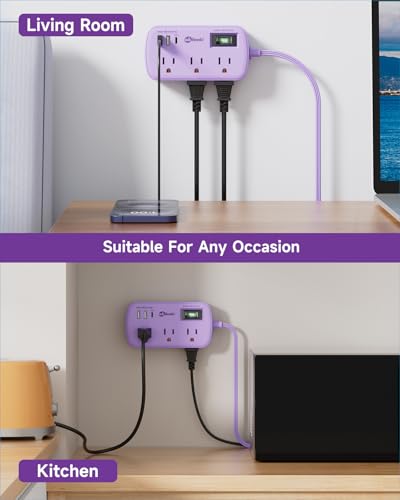 Purple Extension Cord with Surge Protected - Cute Travel Power Strip with 6 AC Outlet 3 USB (1 USB-C) Charging Station, Purple Desk Accessories Wall Mountable Cute Kawaii Lavender Office Dorm Room - size: 5 FT-Purple-45°Plug, style: 6AC+2U1C
