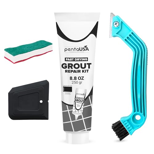 PentaUSA Tile Grout Repair Kit with Removal Tool - Premixed Acrylic Sanded Grout Filler for Bathroom, Shower, and Kitchen, Includes Applicator Spatula, and Sponge - Black (8.8oz / 250g) - style: Black