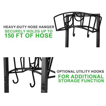 Mofesun Garden Hose Holder, Heavy Duty Metal Water Hose Holder 160-Feet Capacity, Detachable Freestanding Hose Hanger with 2 Tool Hooks, Garden Hose Storage Rack, Black