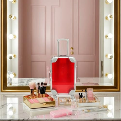 False Eyelash Storage Box, Portable Travel Organizer Mini Luggage False Eyelash Tray Makeup Tool (RED) - color: RED