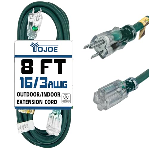 YOJOE Indoor Outdoor Extension Cord with Lighted End, 3 Prong 13A Weatherproof Power Cord, 16 Gauge Heavy Duty 8 ft Green Extension Cord for Garage, Garden and Home, 16/3 SJTW UL Listed - color: Green, size: 8 Foot, style: 16/3 Lighted-End