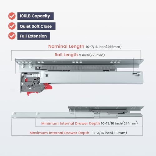 Homdiy 9 Inch 1 Pair Undermount Soft Close Drawer Slides Hidden Bottom Mount Cabinet Rails, Full Extension Concealed Bottom Mount Rails, 100 LB Load Capacity Heavy Duty Steel Cabinet Slides - size: 9 Inch