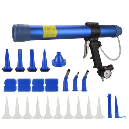 600ml Sausage Pneumatic Caulking Gun Silicone Sealant Gun Air Rubber Gun Caulk Applicator Tool with 10 Transparent Glue Nozzles