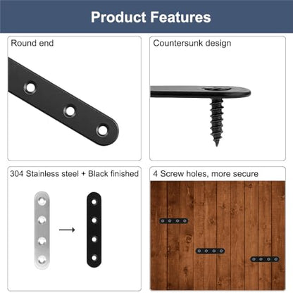 12Pcs Black Straight Brackets 3 Inch Stainless Steel Flat Brace Mending Plates, Sturdy Metal Repair Fixing Joining Brackets for Wood Furniture with Screws - size: 12 Pack