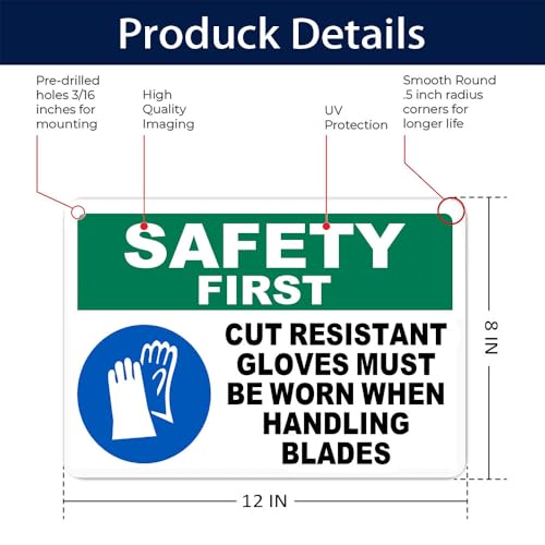 Safety First Warning Sign Aluminum Cut Resistant Gloves Required Handling Blades 12 * 8 Inch Rust Free Waterproof 4 Pre Drilled Holes for Workshop Garage Warehouse Factory Store
