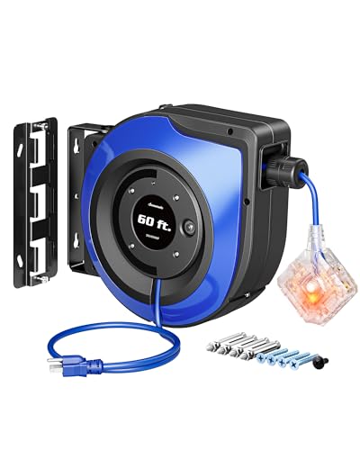 DEWENWILS 60FT Extension Cord Reel with 6 Grounded Outlets, Retractable Cord Reel, Twist-lock Stopper, 12/3C SJTOW, Retractable Extension Cord, 15A Circuit Breaker, Heavy Duty Power Cord, ETL Listed - style: 6 OUTLET