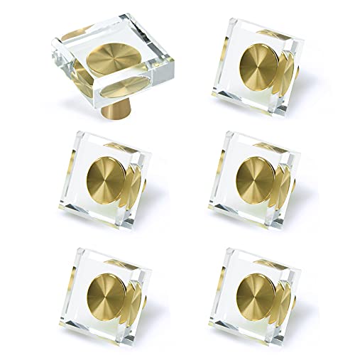 6 Pack Glass Crystal Knobs Brass Drawer Pull Cabinet Handle Gold Furniture Hardware for Dresser Kitchen (Square) - color: Gold_Square, size: 6Pack-1.2"x1.2"