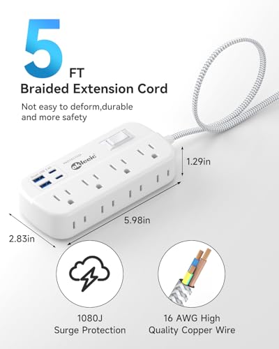 Power Strip with USB, 5Ft Travel Power Strip Surge Protector with 8 Outlets 4 USB(3.4A/17W) Charging Station, 13A/1625W 3 Prong Small Extension Cord Outlet Splitter, Wall Mount for Travel Office Dorm - size: 5 FT, style: 8AC+2U2C