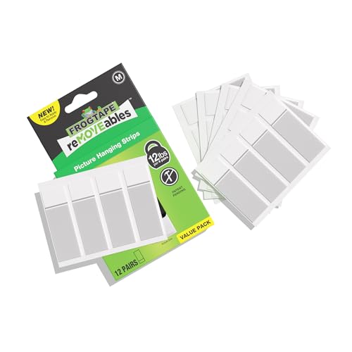FrogTape reMOVEables Medium Picture Hanging Strips- 12 Pairs - 12lbs per 4 Pairs - Damage-Free Removeable Adhesive Wall Strips Picture Hangers for Mounting Frames, Canvas, Home Décor White (24 Pieces) - size: 12 Pairs, style: Medium